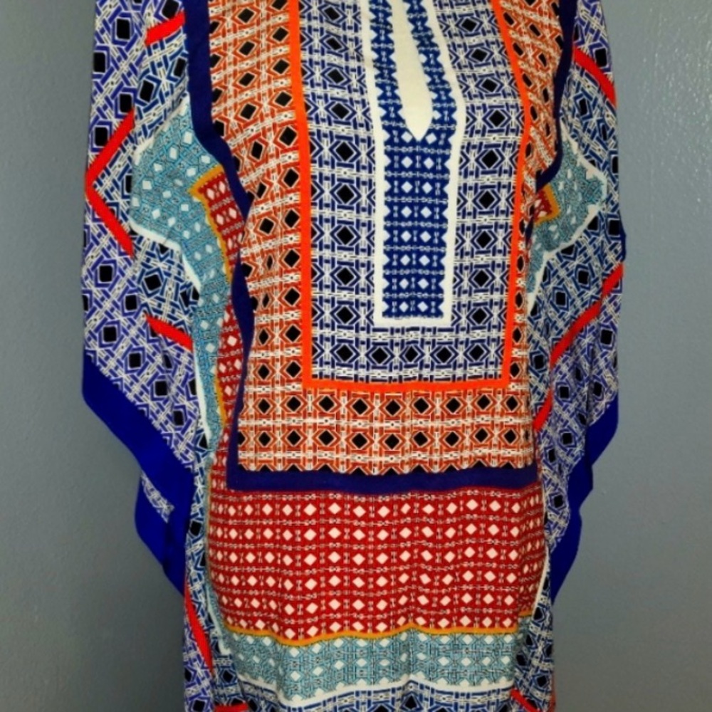 Trina Turk Blue, Red and Orange Geometric Asymmetrical Dress